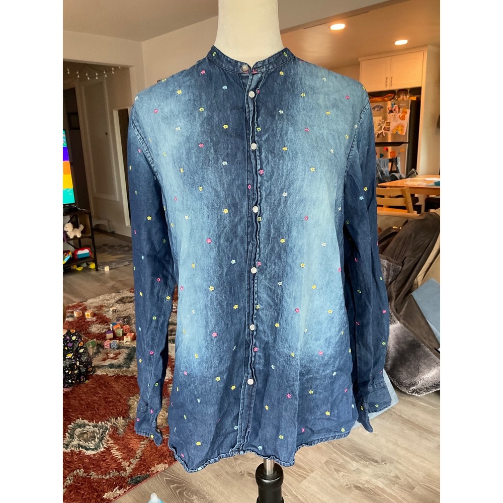 En Avance Italy Embroidered Floral Denim Shirt XL Blue Mandarin Collar Boho